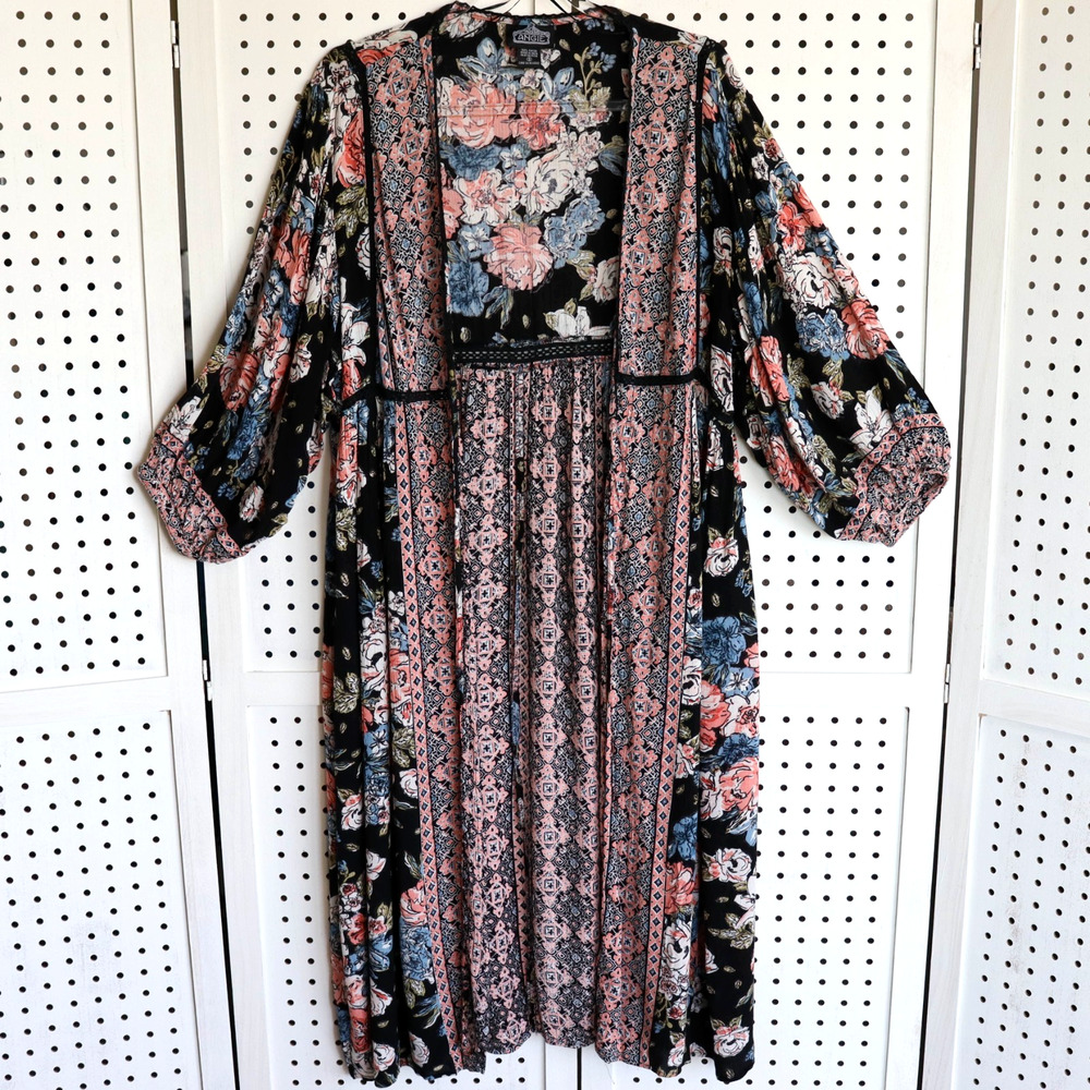 Angie‎ Floral Kimono Duster Open Front Black Pink Womens SIZE S